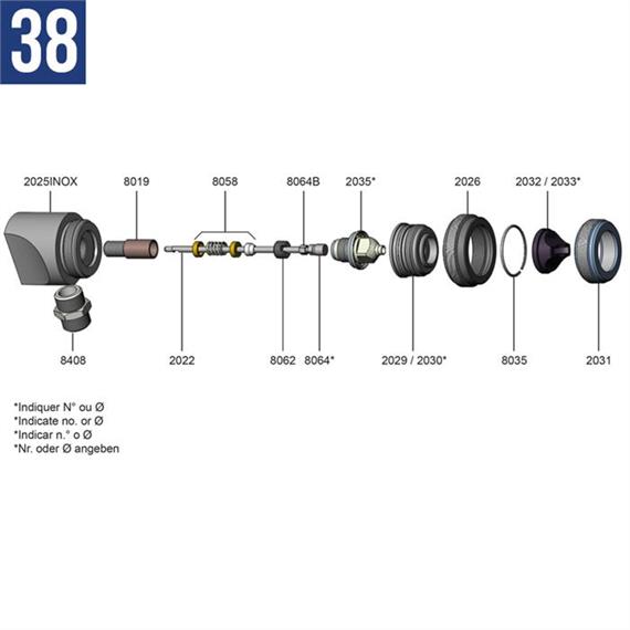 Pistolenkopf komplett für Mod 38 (mit 2025INOX + 8018, 8046 & 8408INOX)