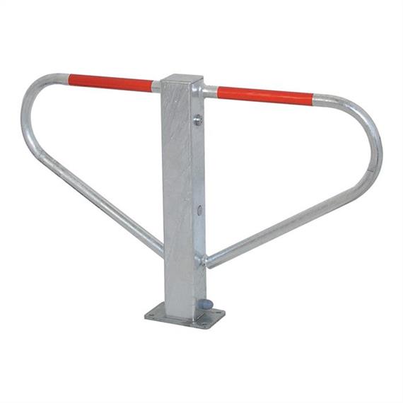 Parking lot barrier reversible with round cylinder self-engaging lock