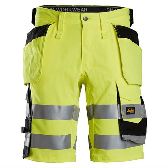 Pantalón corto elástico con bolsillos tipo funda, negro/amarillo, clase 1 de alta visibilidad - Talla 44