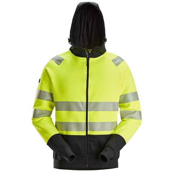 Kauttaaltaan vetoketjullinen hupullinen high-vis-takki, näkyvyysluokka 2, keltainen/musta. - Koko XL