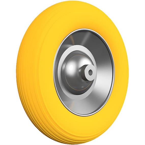 Roue en polyuréthane pour chariot 400/100 jaune, sur jante en acier galvanisé, avec roulement à billes, axe compris.