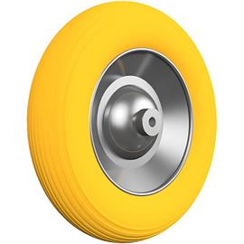 Roue en polyuréthane pour chariot 400/100 jaune, sur jante en acier galvanisé, avec roulement à billes, axe compris.