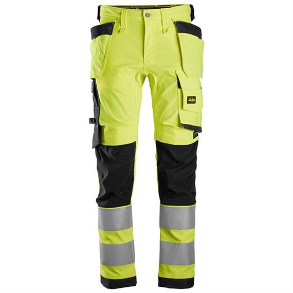 Pantaloni lunghi elasticizzati con tasche a fondina, nero/giallo, alta visibilità classe 2 - Taglia 54