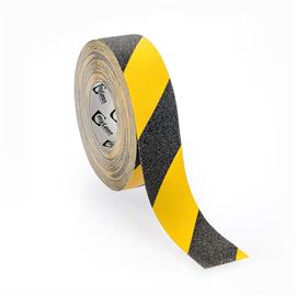 LongLife grindų ženklinimo juosta su brūkšneliais, juoda/geltona 50 mm, 25 metrai